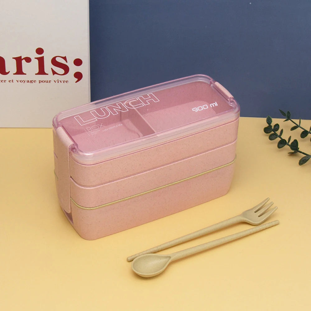 900ML 3 layers Wheat Straw Lunch Box with Dinnerware - Savvy Savins