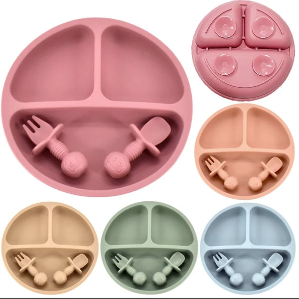 3/4 PCS Baby Silicone Plate+Spoon+Fork Set