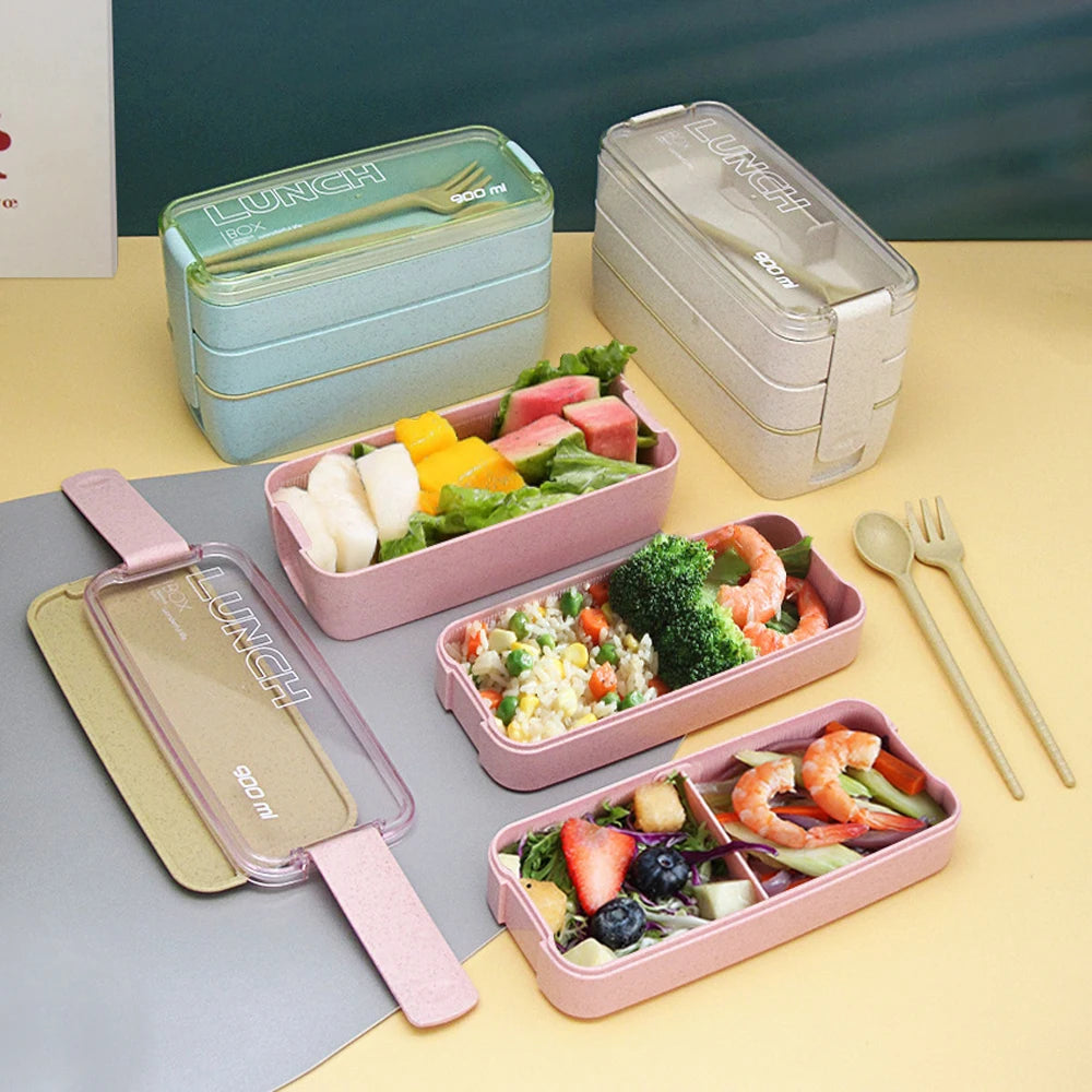 900ML 3 layers Wheat Straw Lunch Box with Dinnerware - Savvy Savins