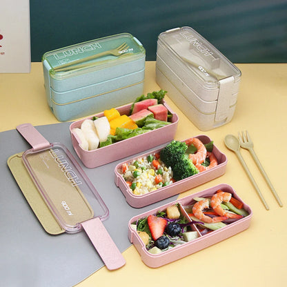 900ML 3 layers Wheat Straw Lunch Box with Dinnerware - Savvy Savins