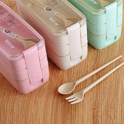 900ML 3 layers Wheat Straw Lunch Box with Dinnerware - Savvy Savins