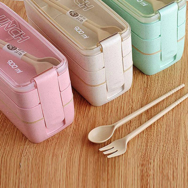 900ML 3 layers Wheat Straw Lunch Box with Dinnerware