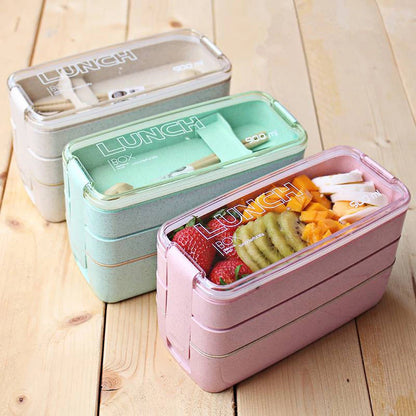 900ML 3 layers Wheat Straw Lunch Box with Dinnerware - Savvy Savins